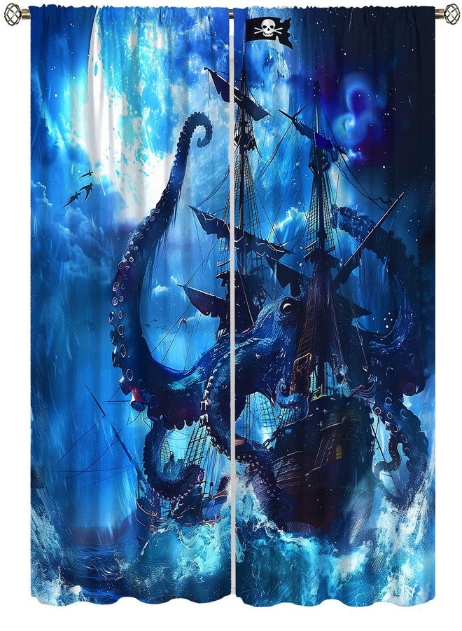 AAVEUP Pirate Ship Curtains,Fantasy Horror Ocean Octopus Sea Monster Skeleton Ship Decor Window Treatments, Thermally Insulated Rod Pocket Drapes for Kids Boys Living Room Bedroom 42x45in - Image 1